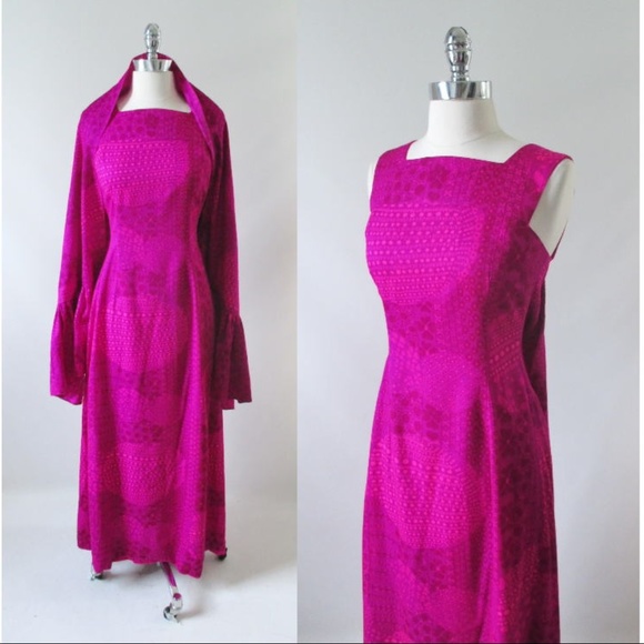 Vintage Dresses & Skirts - Vintage 70's Purple Pink Watteau Maxi Dress & Wrap